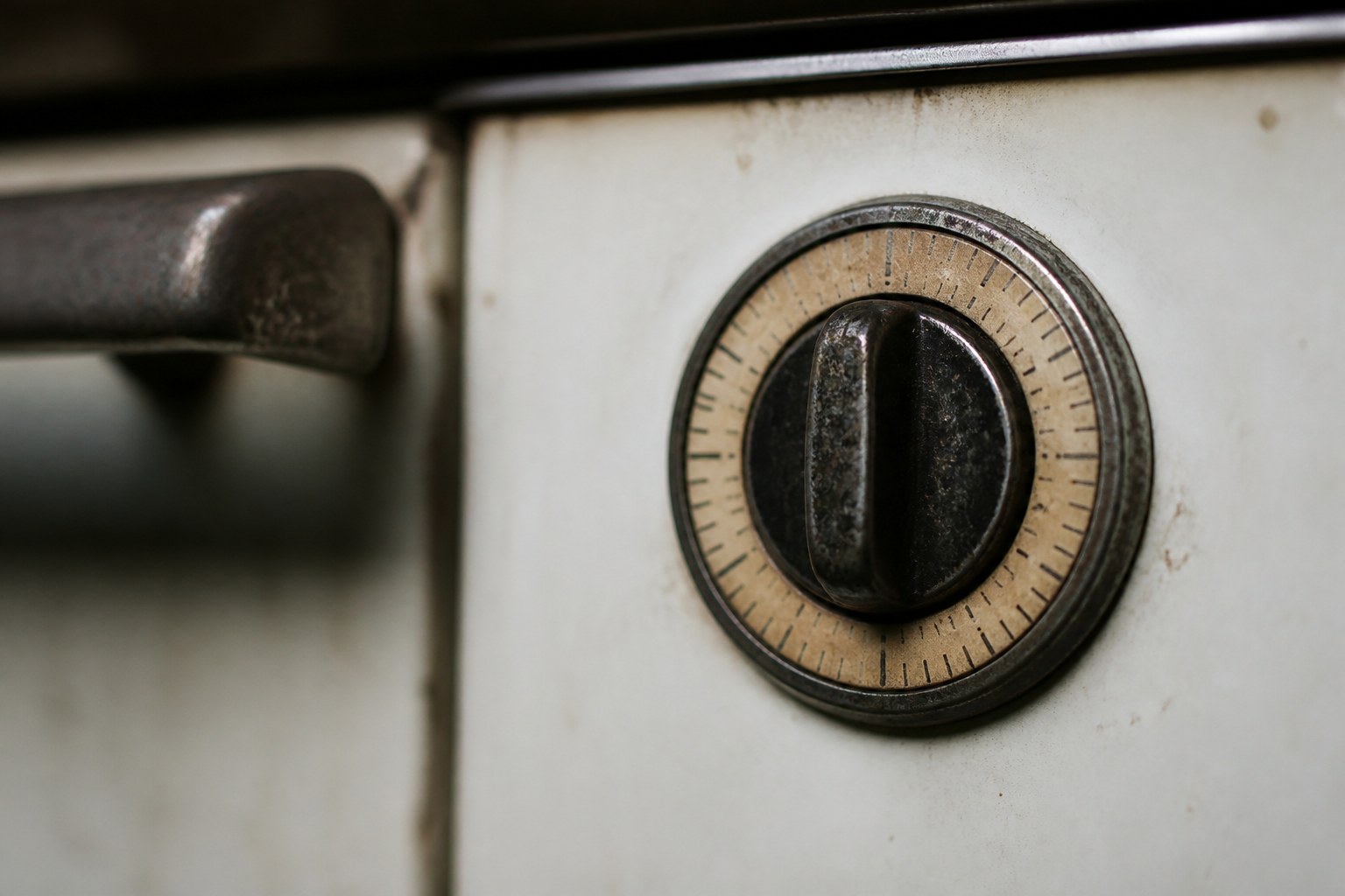A mechanical oven timer dial with a worn knob set into an enamel cooker front