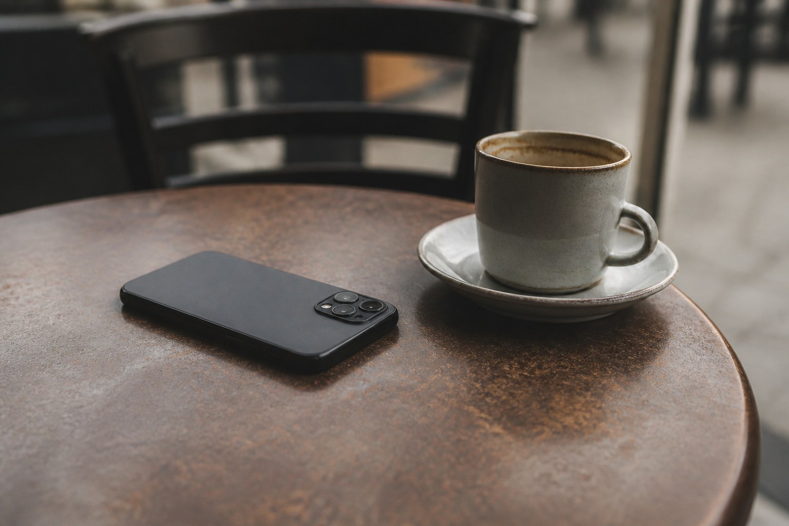 A phone lying face down on a cafe table beside a cooling cup