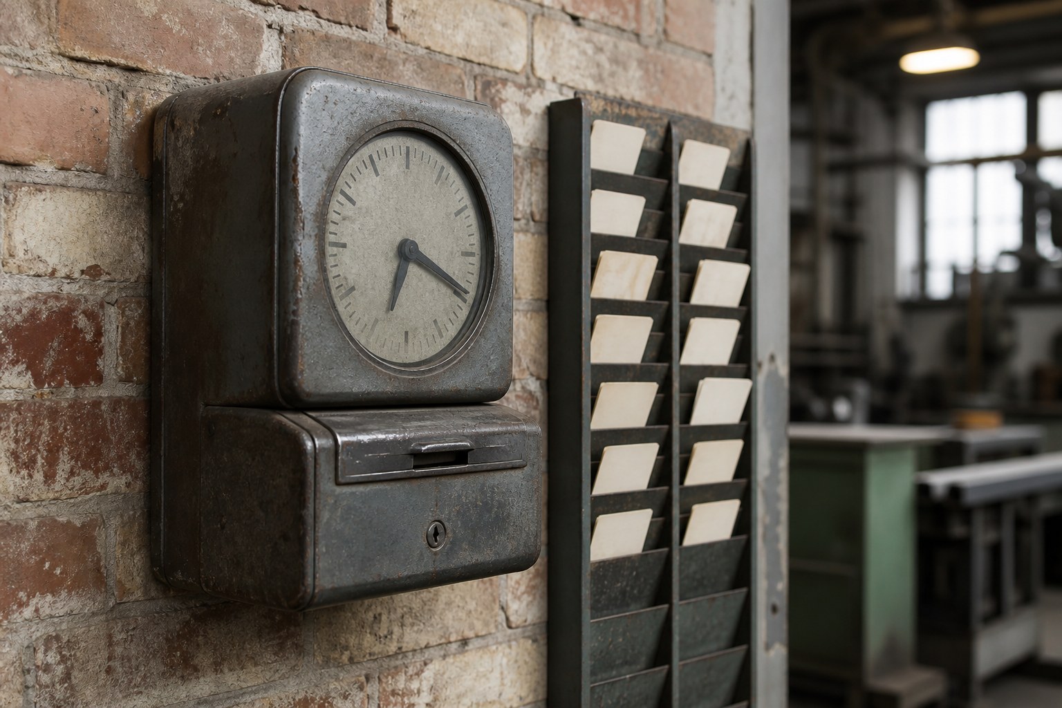 An old factory punch clock mounted on a brick wall beside a rack of blank cards