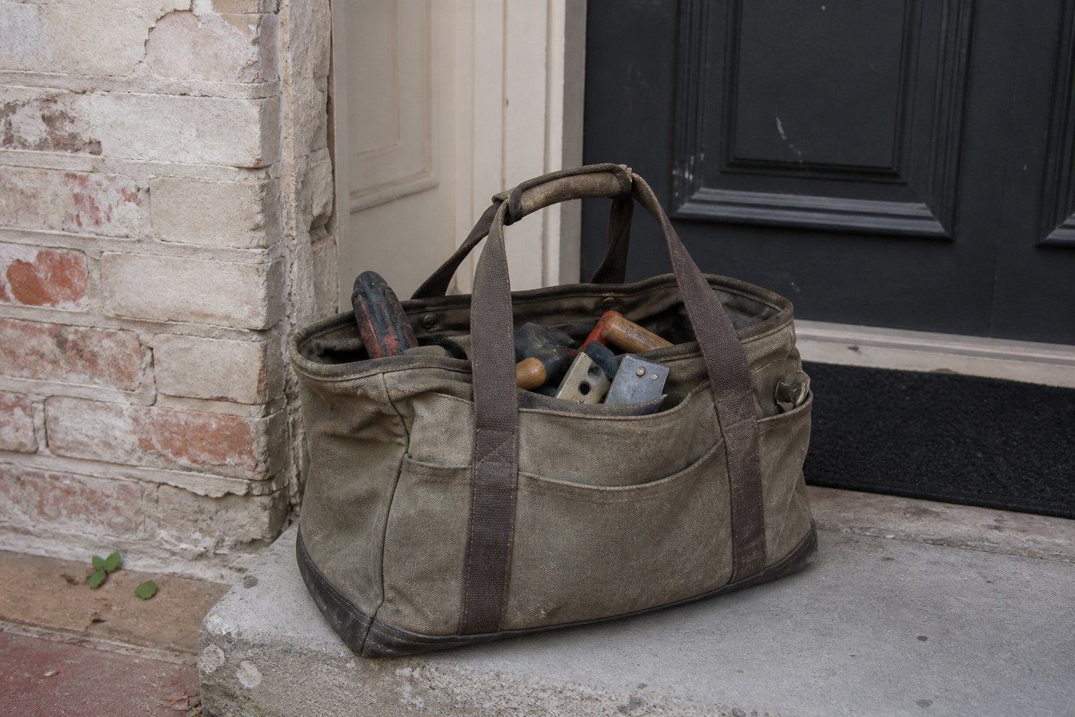 A heavy canvas tool bag set down on a doorstep, handles still upright