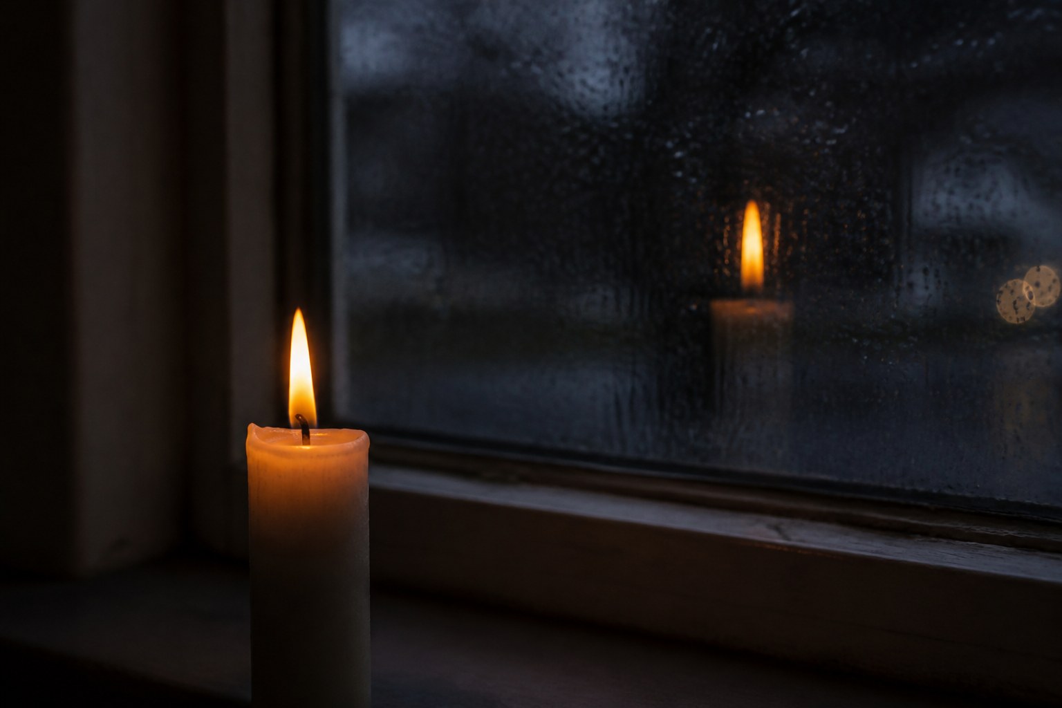 A single candle flame and its reflection in a dark window pane at night