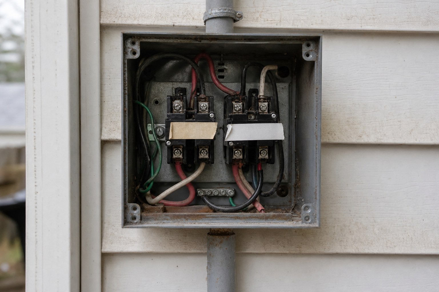 An electrical junction box with its cover off showing two labelled circuits