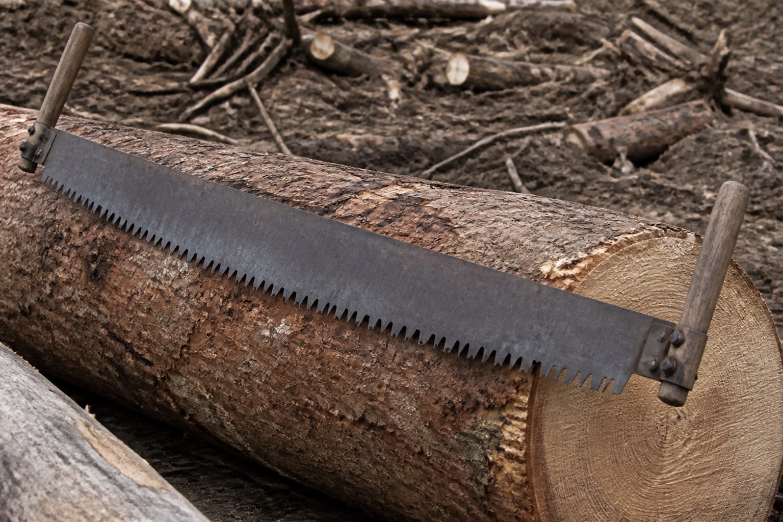 A long two-handled crosscut saw resting across a felled log
