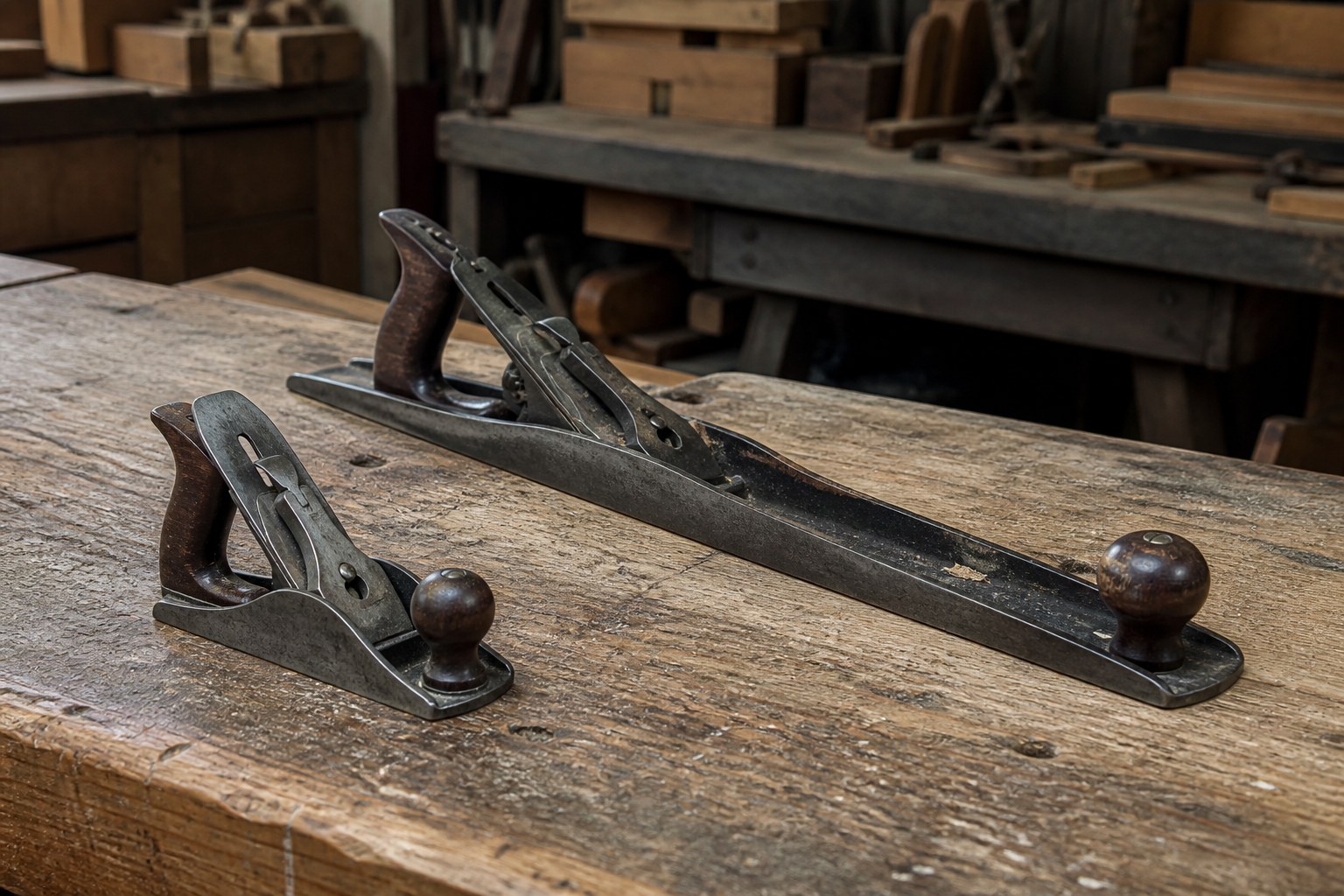 A small block plane and a long jack plane side by side on a bench