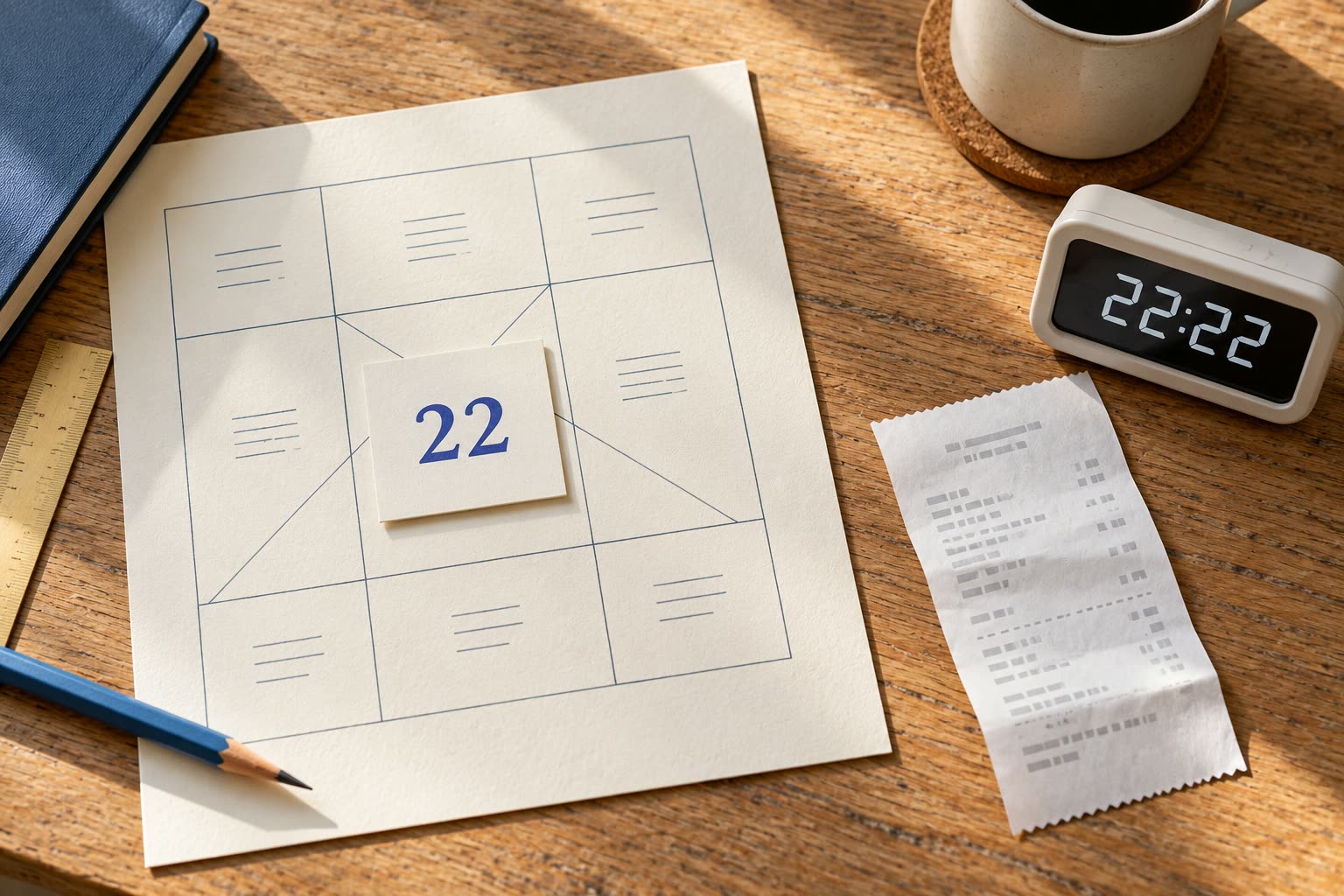 A 22 card on a blank chart worksheet beside a receipt and a digital clock showing 22:22