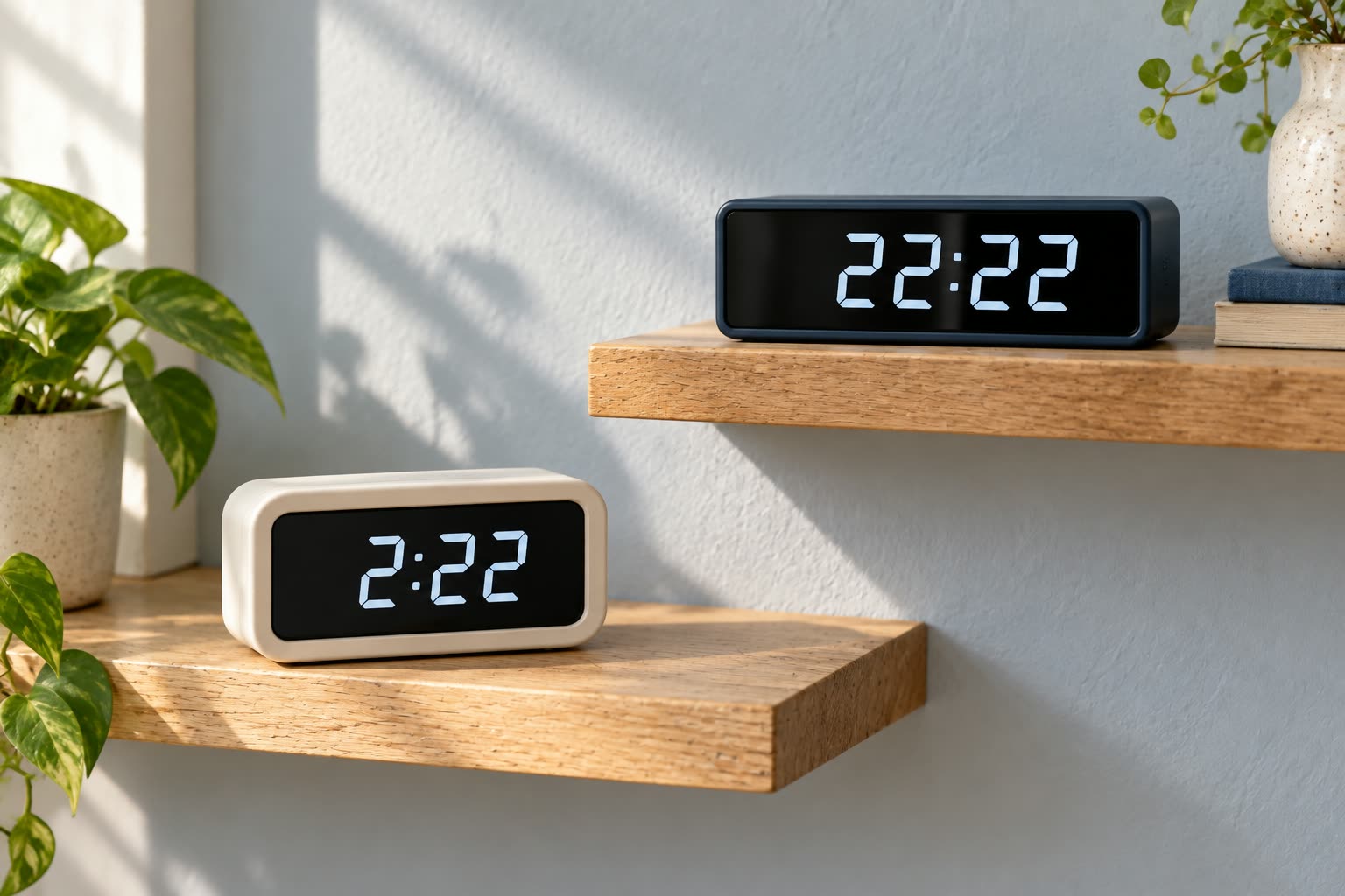 Two digital clocks on staggered shelves display 2:22 and 22:22