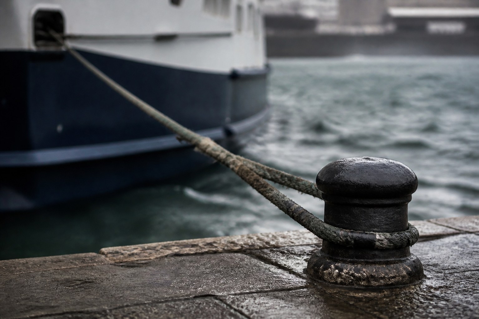 A ferry rope running taut between a boat and a bollard on a stone quay