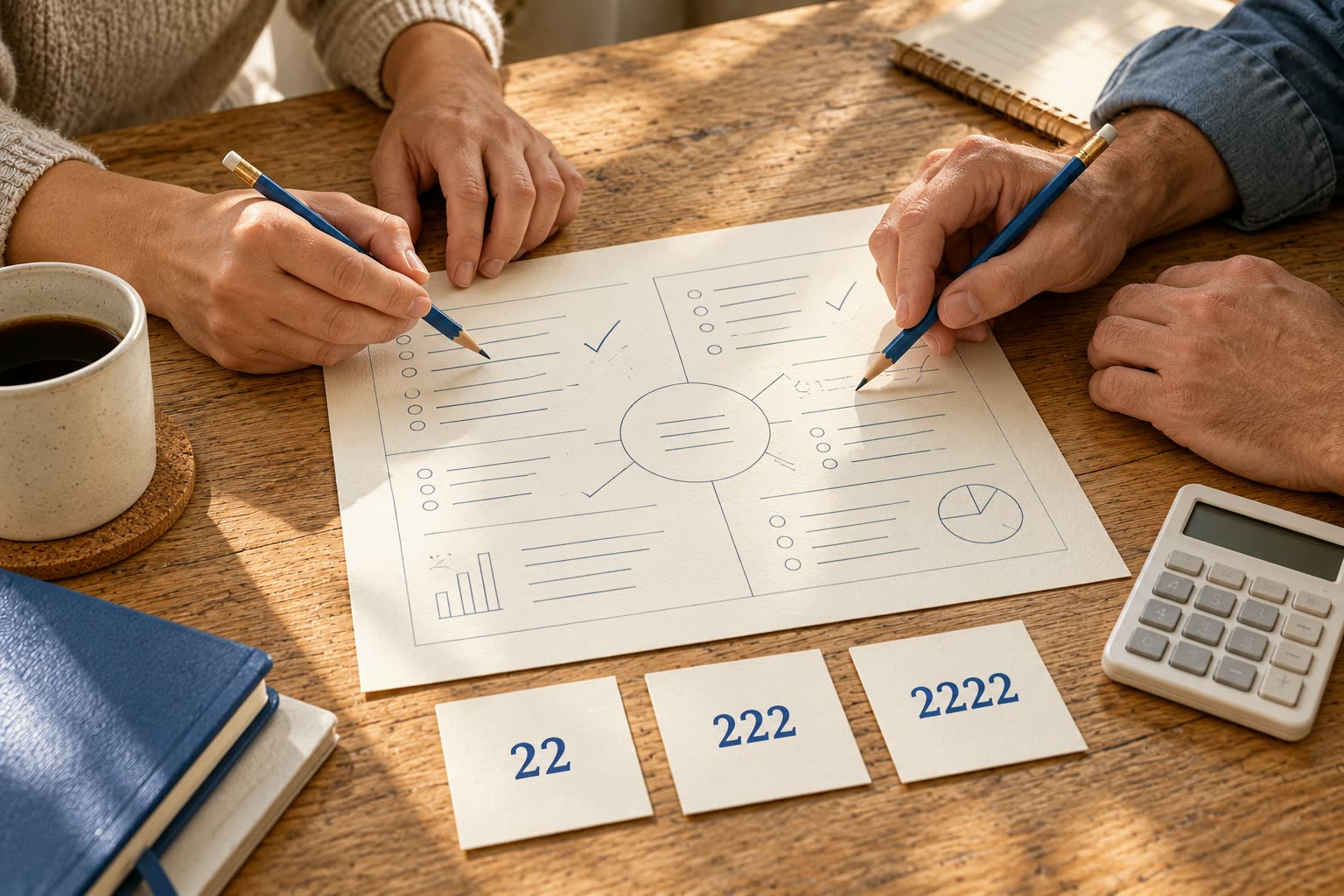 Two people mark a shared planning sheet beside cards numbered 22, 222, and 2222
