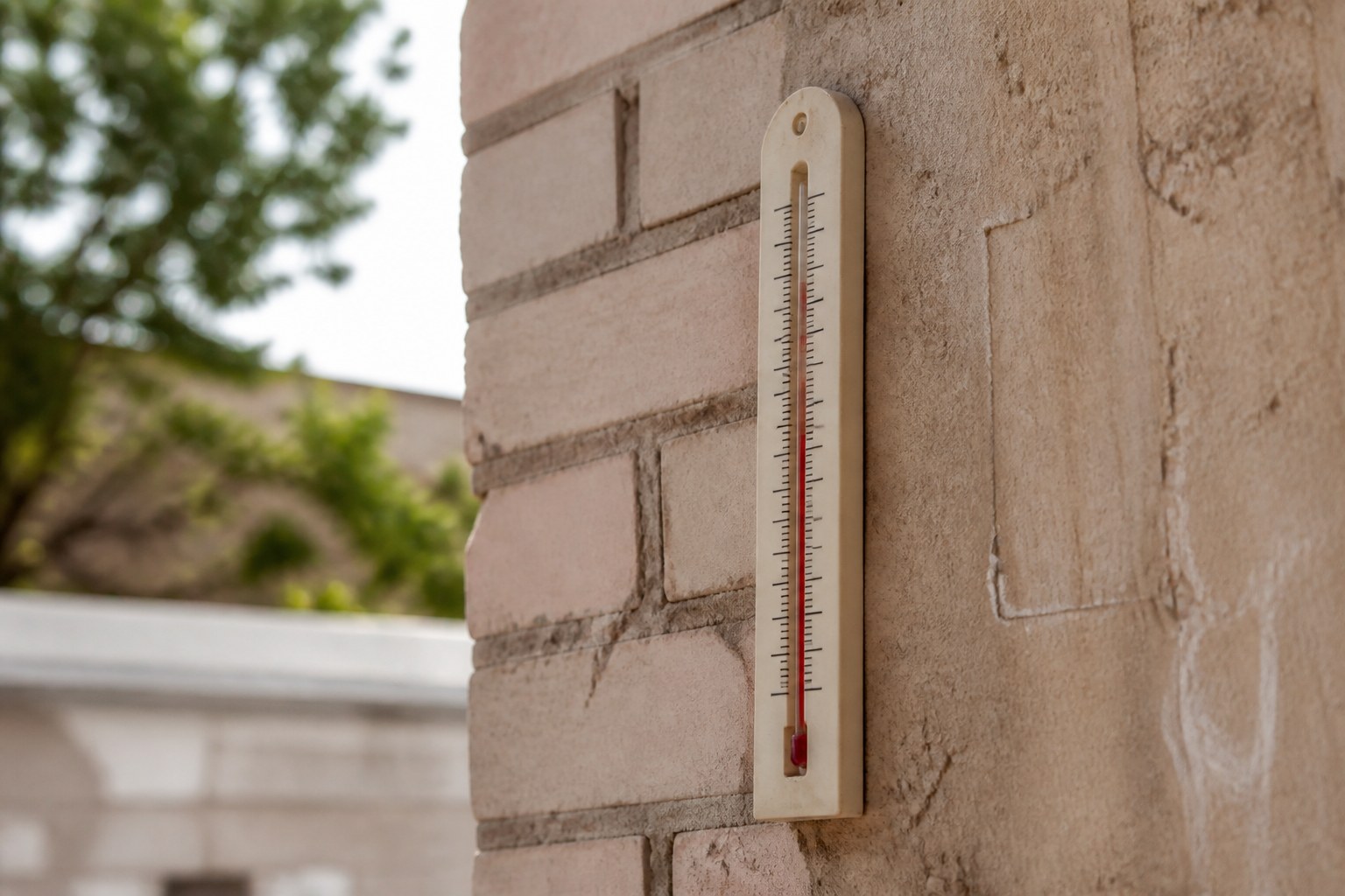 An outdoor thermometer on a sunlit wall with the column standing high