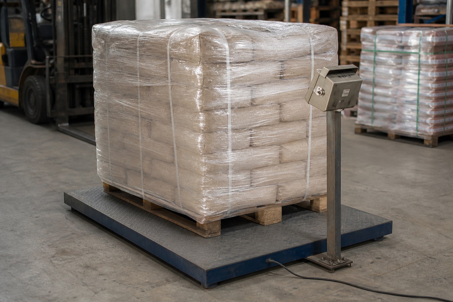 A heavy pallet on a commercial floor scale in a warehouse