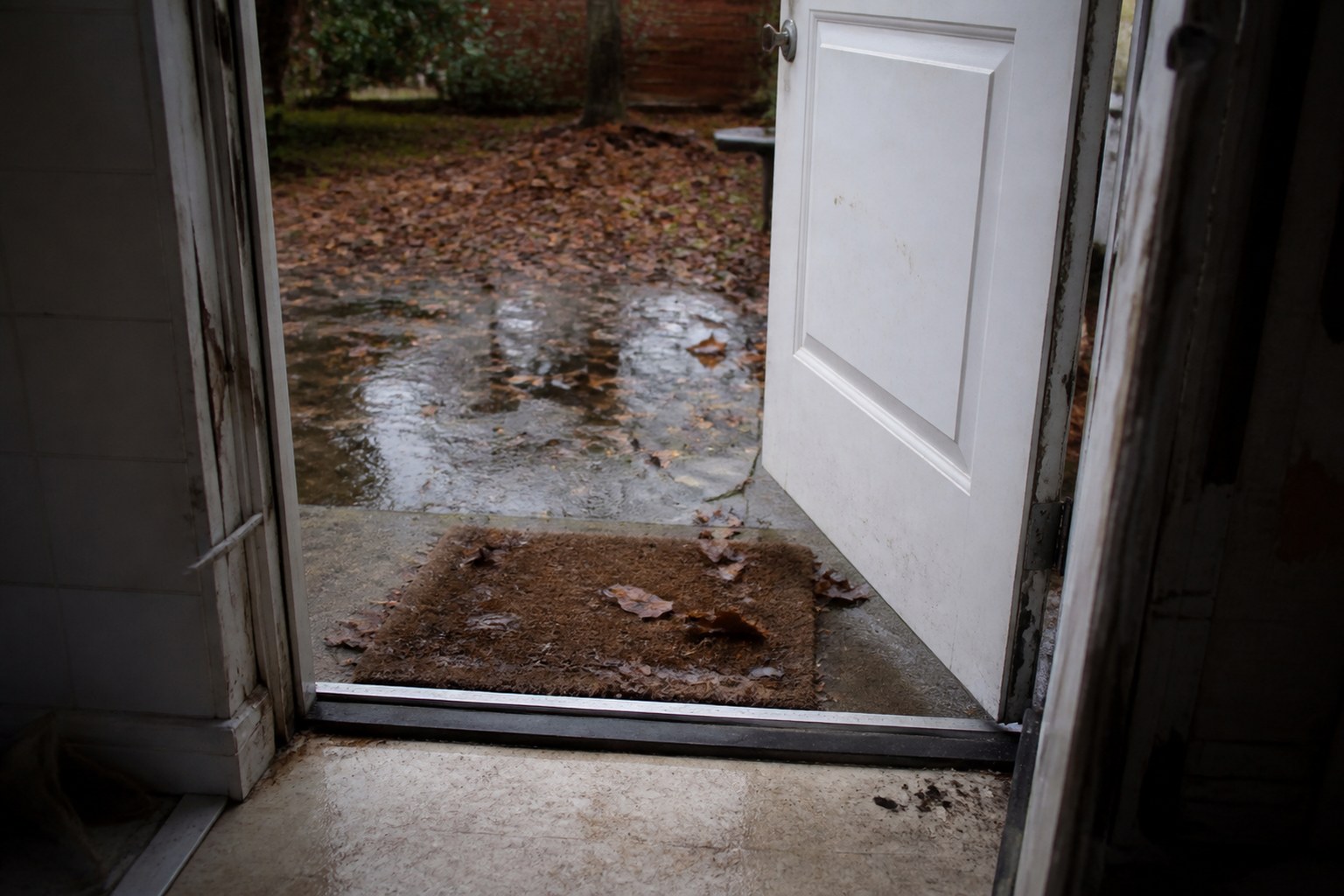 A back door blown open against its stop with leaves across the mat