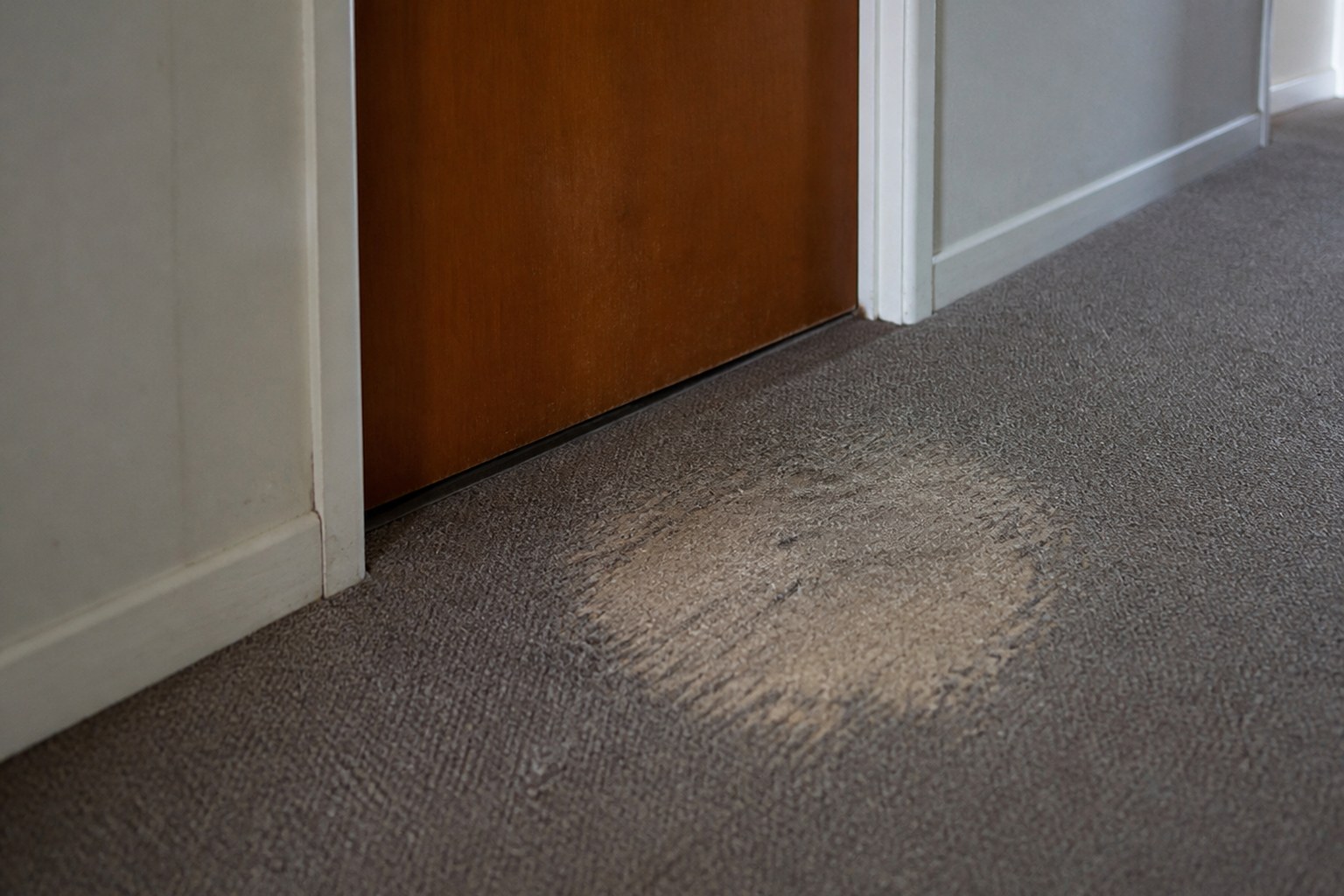 A worn patch in a carpet in front of one particular door