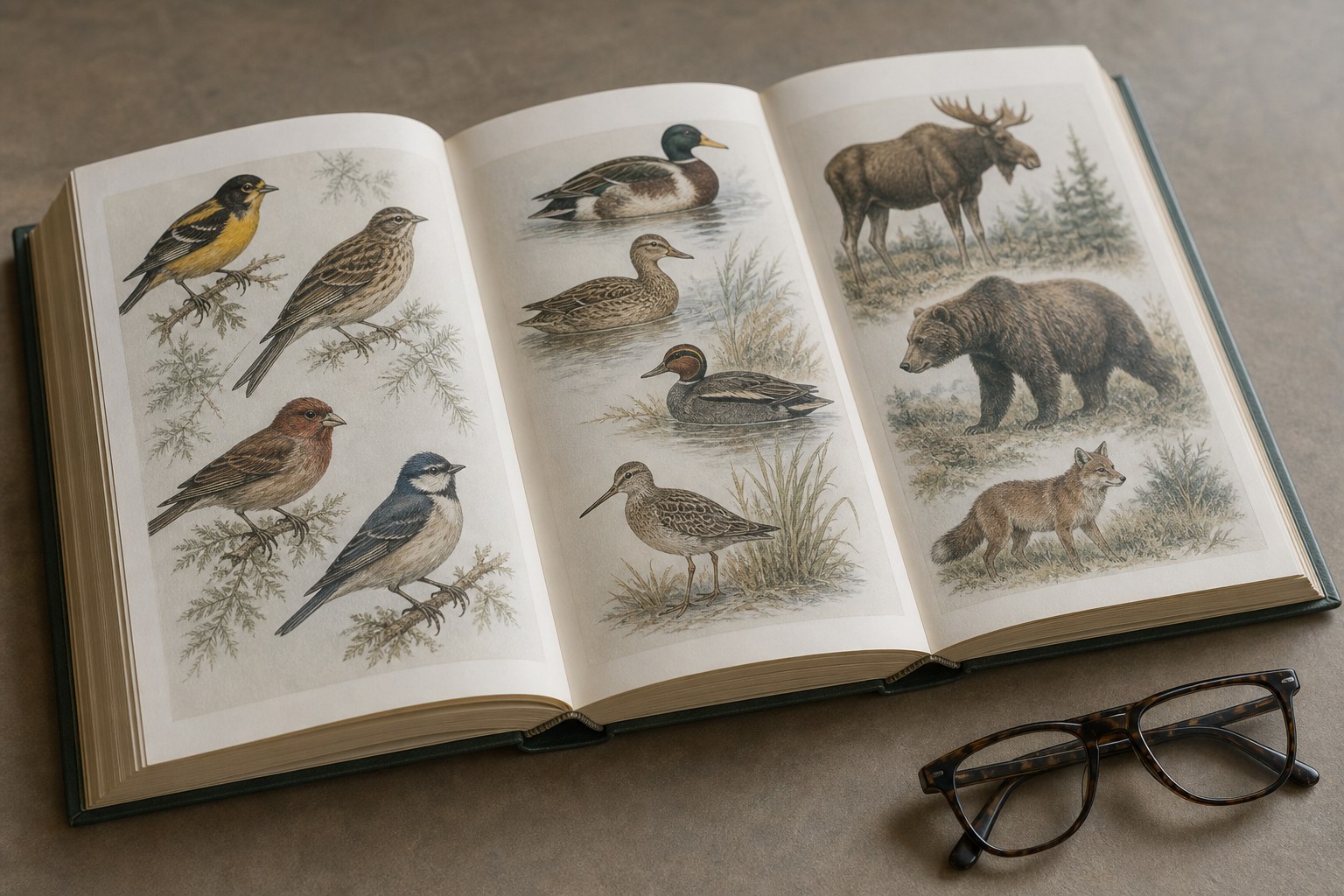An old illustrated field guide lying open across three pages of songbird, duck and mammal plates, with a pair of folded reading glasses beside it