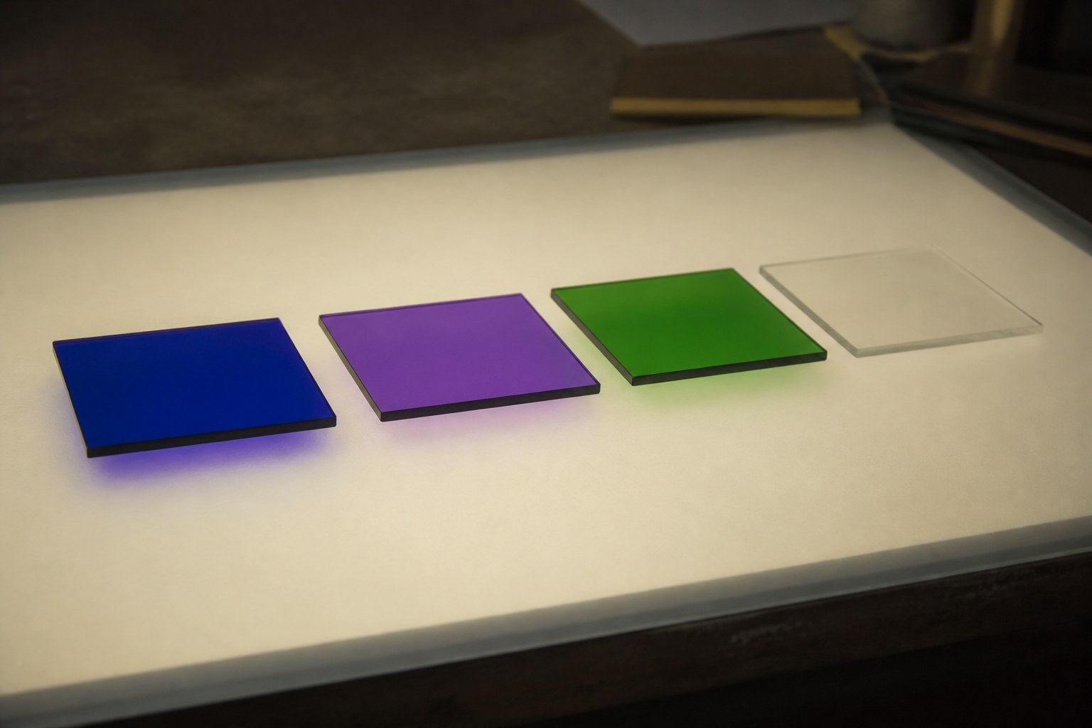 Four square glass colour filters laid in a row on a lit white surface: deep blue, violet, green, and clear