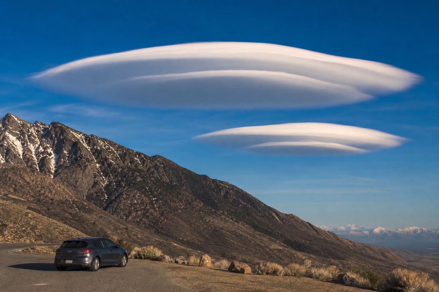 Two smooth lens-shaped lenticular clouds above a rugged mountain ridge and roadside overlook