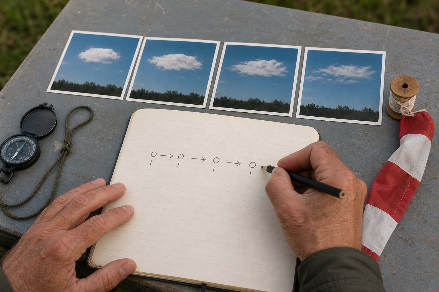 Observer arranging four photographs of one cloud changing shape beside a field notebook and wind ribbon