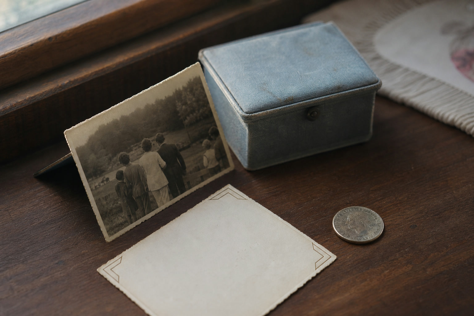 Old coin beside a family photograph, plain note card, and small keepsake box