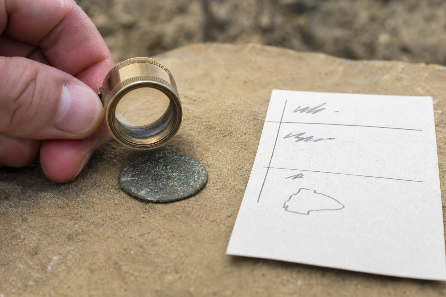 Hand using a small lens to inspect a found coin beside notes about location and date