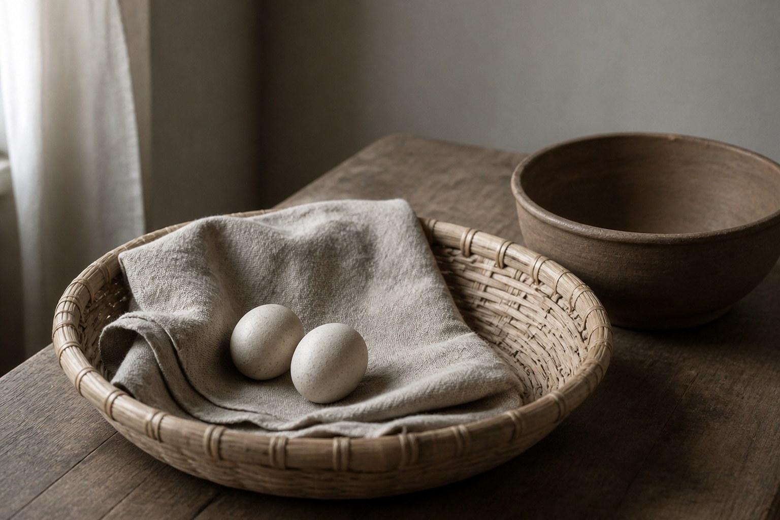 A shallow woven reed basket holding two small pale eggs and a folded linen cloth on a worn wooden table, an empty clay bowl beside it