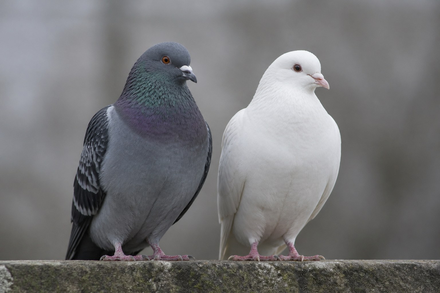 A grey city pigeon and a white domestic pigeon perched side by side on a low stone wall, matched in size and posture