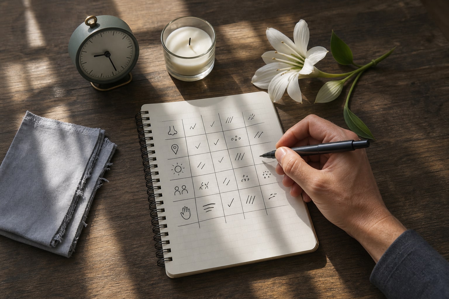 Hand recording scent conditions in a simple grid beside cloth, a flower, and an unlit candle