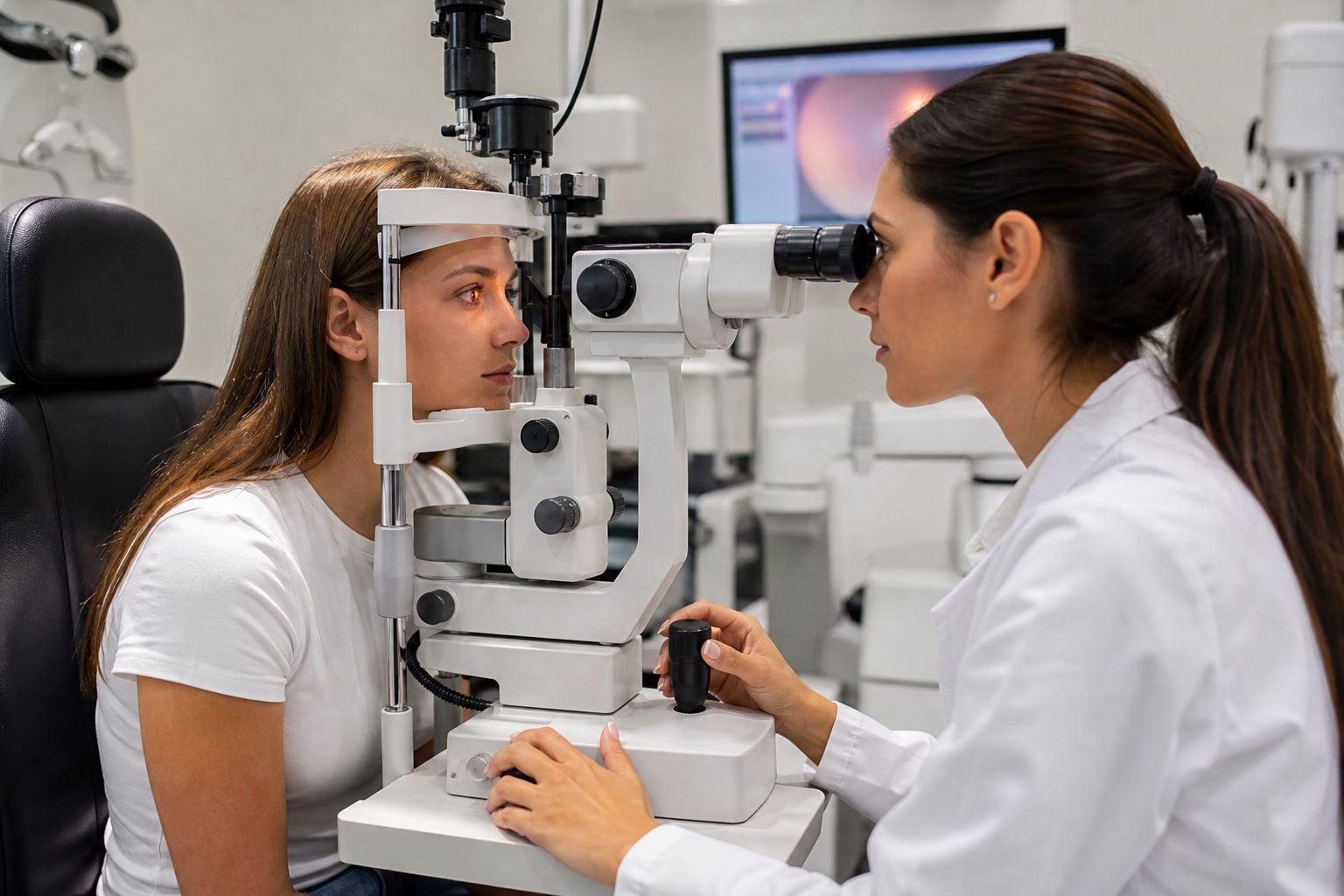 Patient receiving a retinal examination with a slit lamp in an optometry clinic