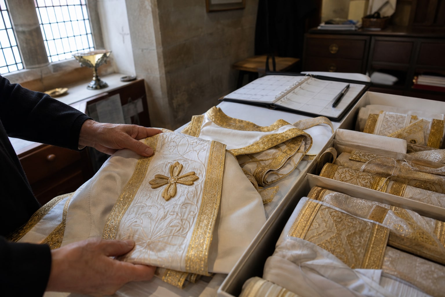 Sacristan arranging white and gold festive vestments beside a blank liturgical calendar