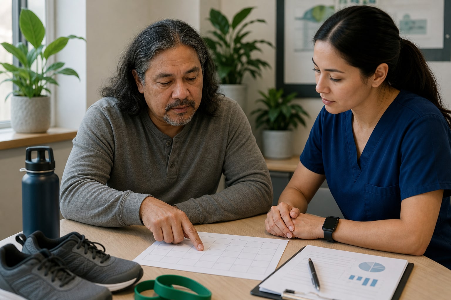 Patient and nurse choosing one care step from a blank weekly plan beside walking shoes and a resistance band