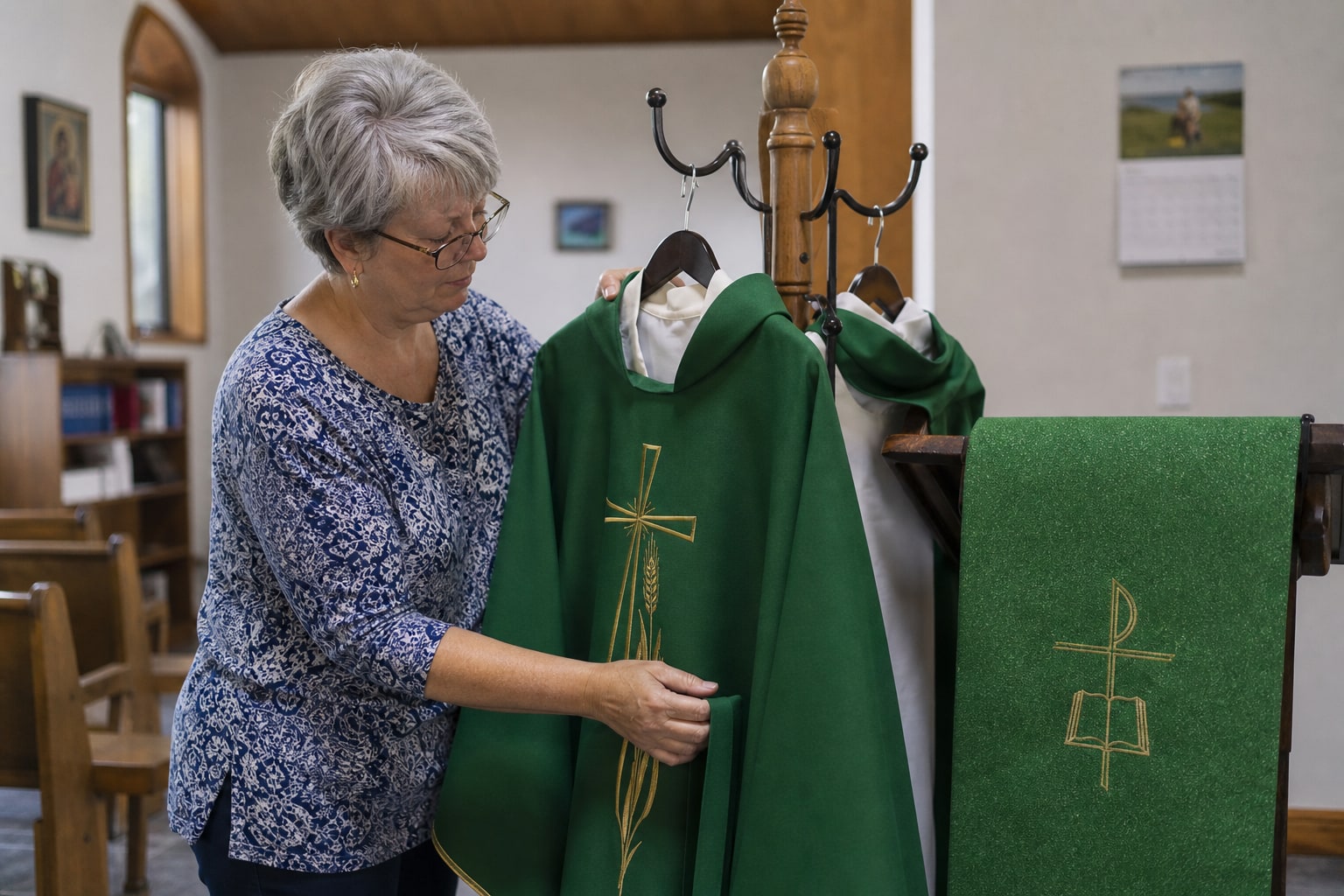 Sacristan preparing green vestments and a green lectern hanging inside a parish church
