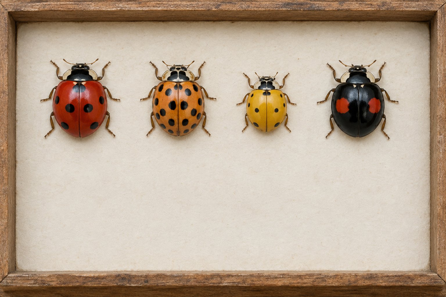 Four ladybird beetles of different colour forms laid in a row in a wooden specimen tray: red with seven spots, orange with many spots, small yellow, and black with red spots