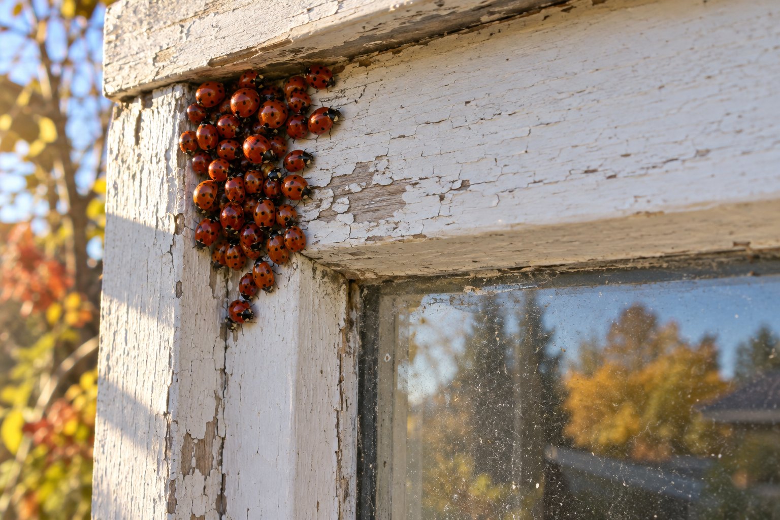 A dense cluster of ladybirds gathered in the sunlit corner of a white painted window frame on the outside of a house