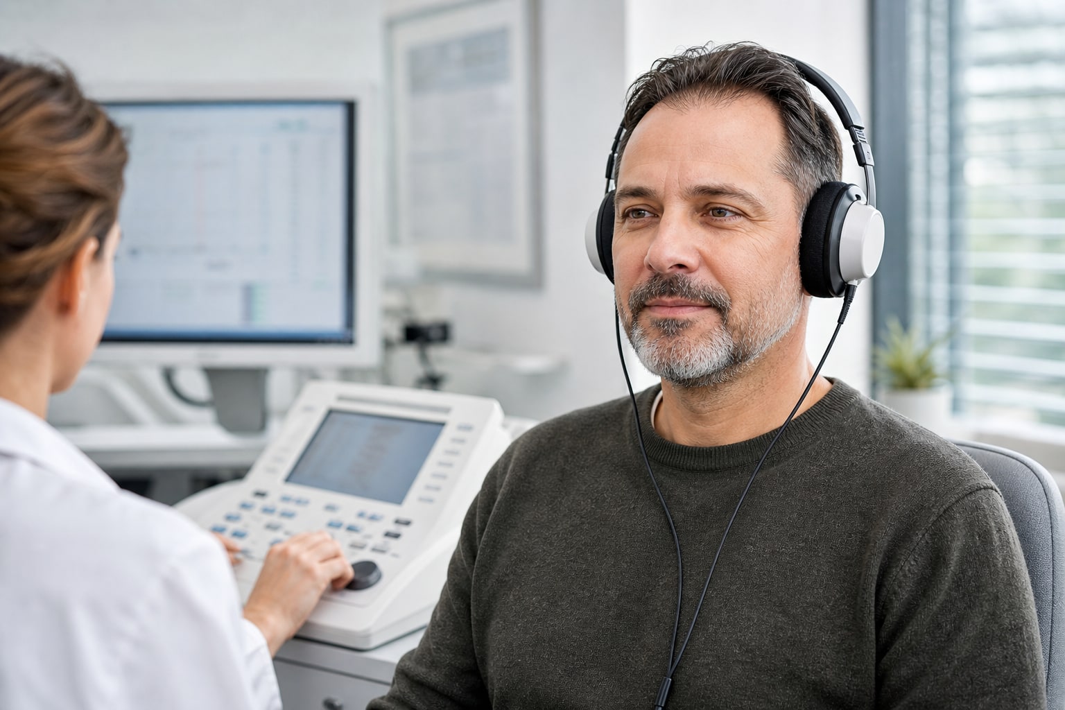 Adult wearing clinical headphones during a hearing assessment in a bright audiology room