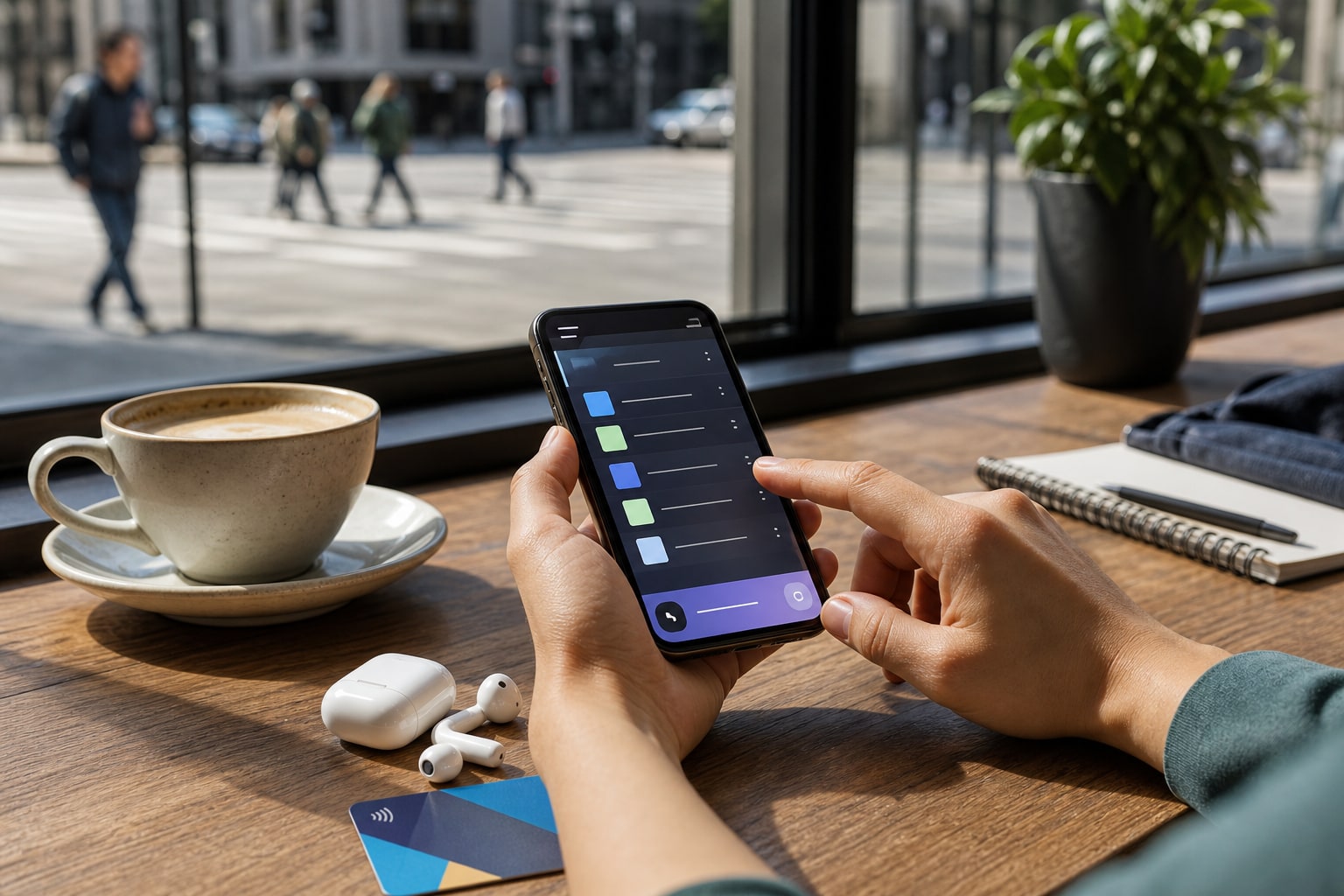 Person checking a phone playback queue beside earbuds at a cafe table