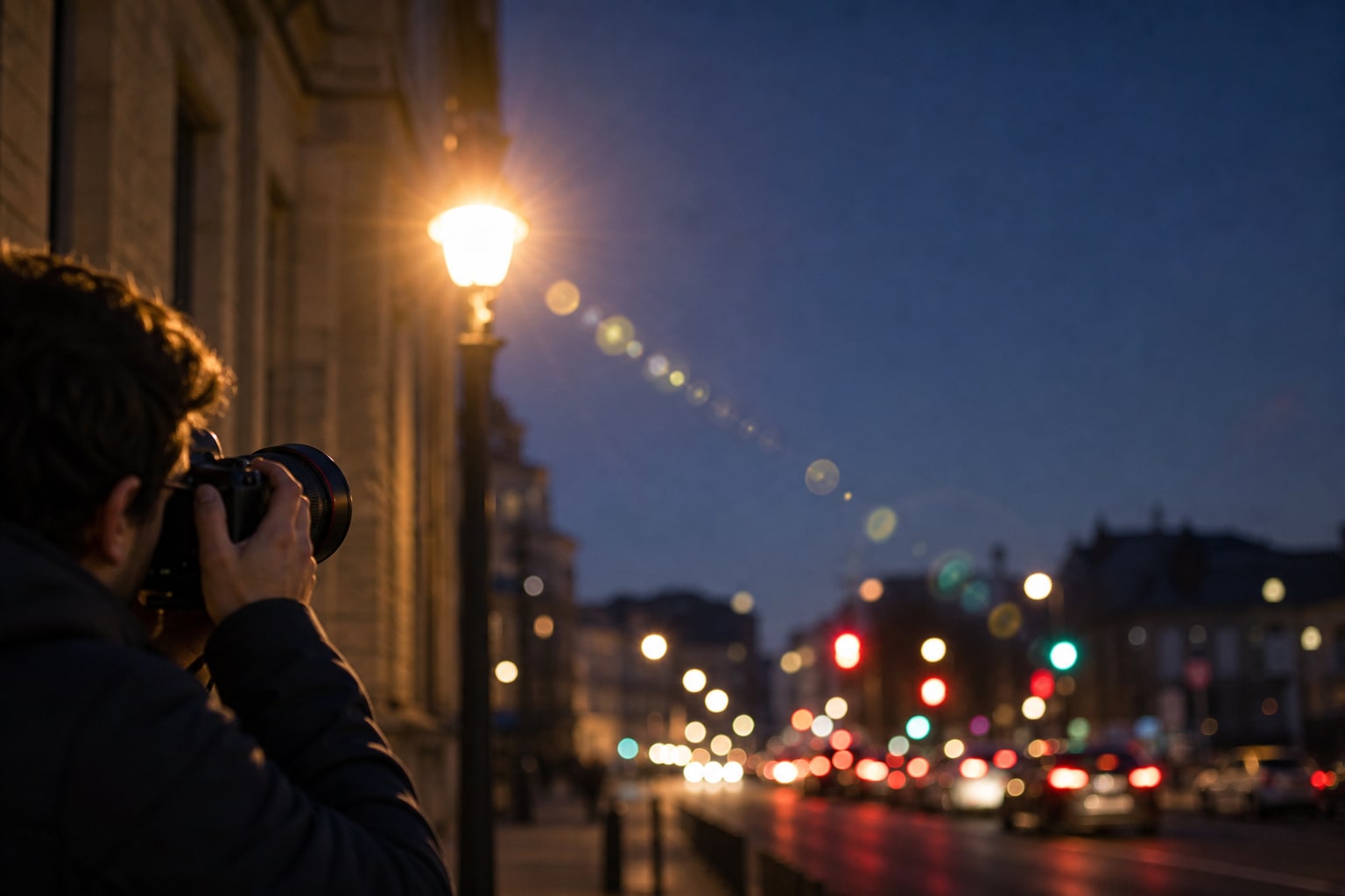 Photographer aiming near a streetlamp with aligned flare ghosts and distant circular traffic-light bokeh
