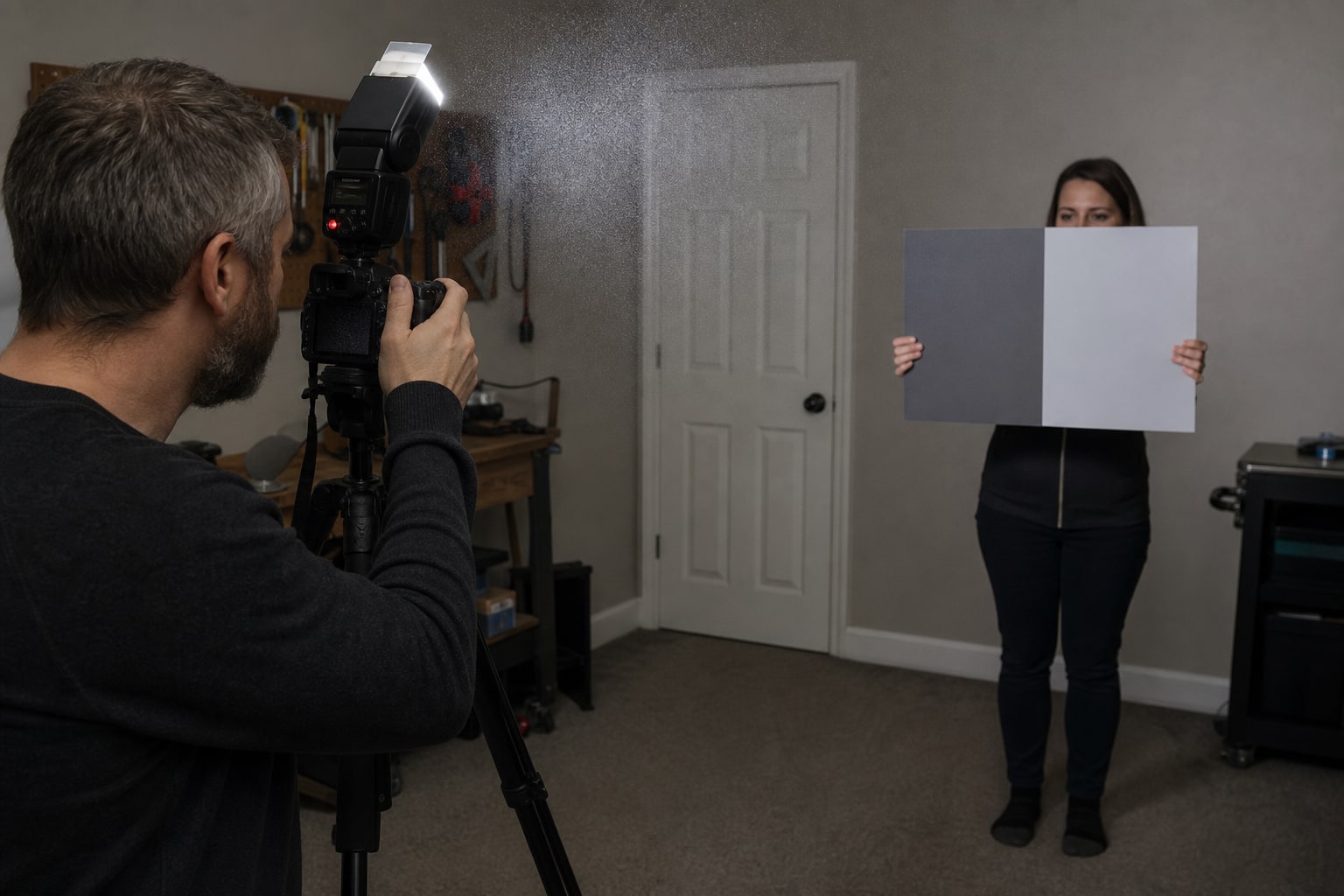 Photographer using a tripod and flash to test fine mist in front of a plain two-tone target