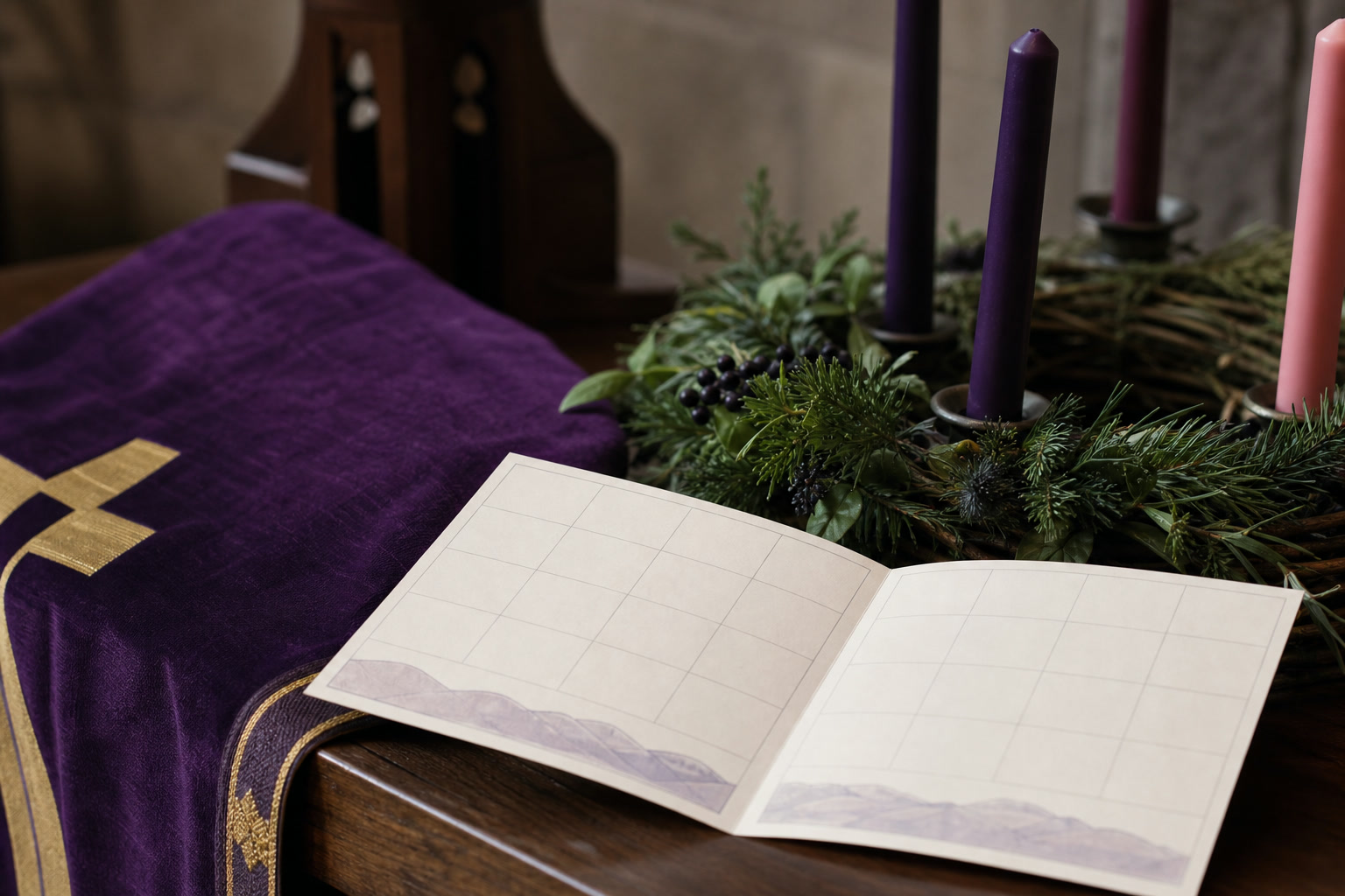 Purple church textile beside a plain candle and an open study book