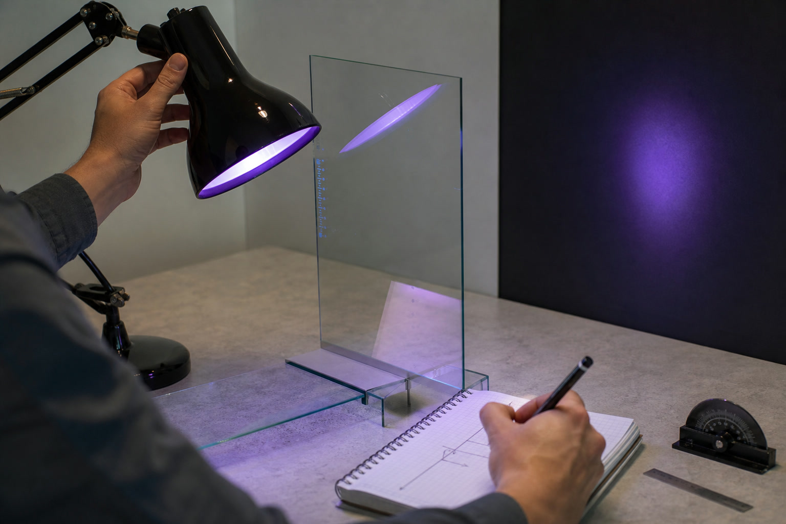 Violet light reflected through glass beside a phone screen and observation notes