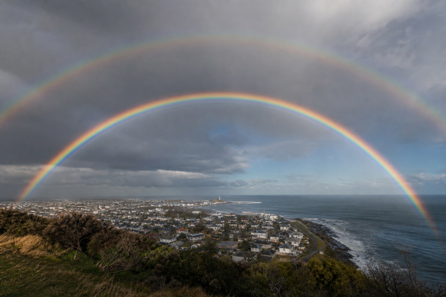 Natural double rainbow over a coastal town after rain with a faint outer arc