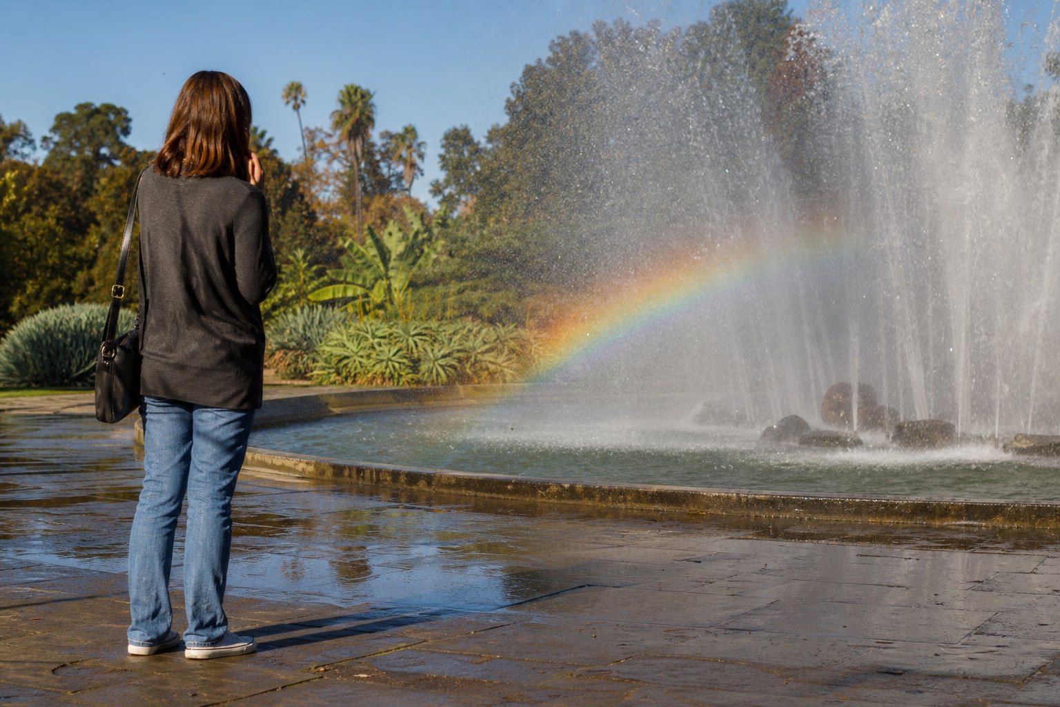 Visitor watching a small rainbow form in fountain mist under direct sunlight