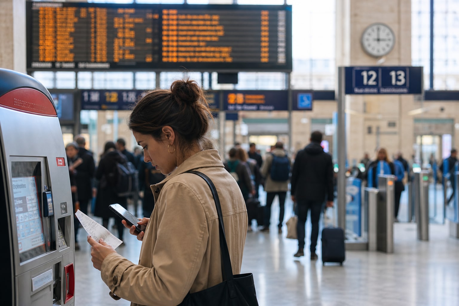 Commuter surrounded by departure boards, platform numbers, a phone, and a printed ticket in a train station