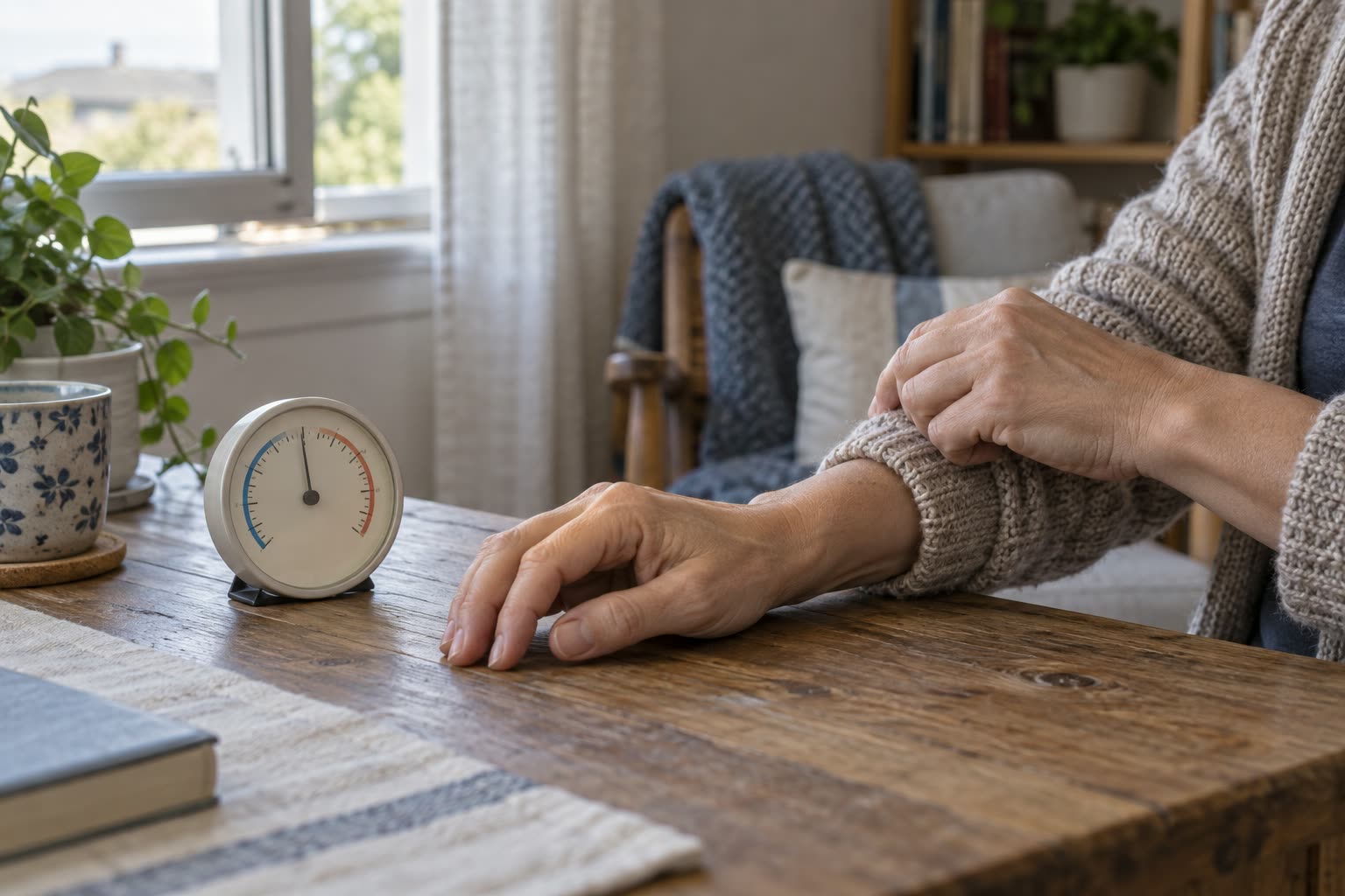 A person adjusts a cardigan sleeve with one hand beside an analog room thermometer near an open window