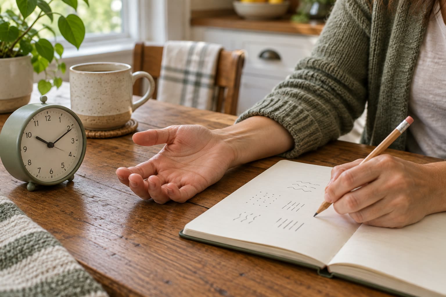 Person holding one palm upward beside a clock while writing abstract marks in a notebook