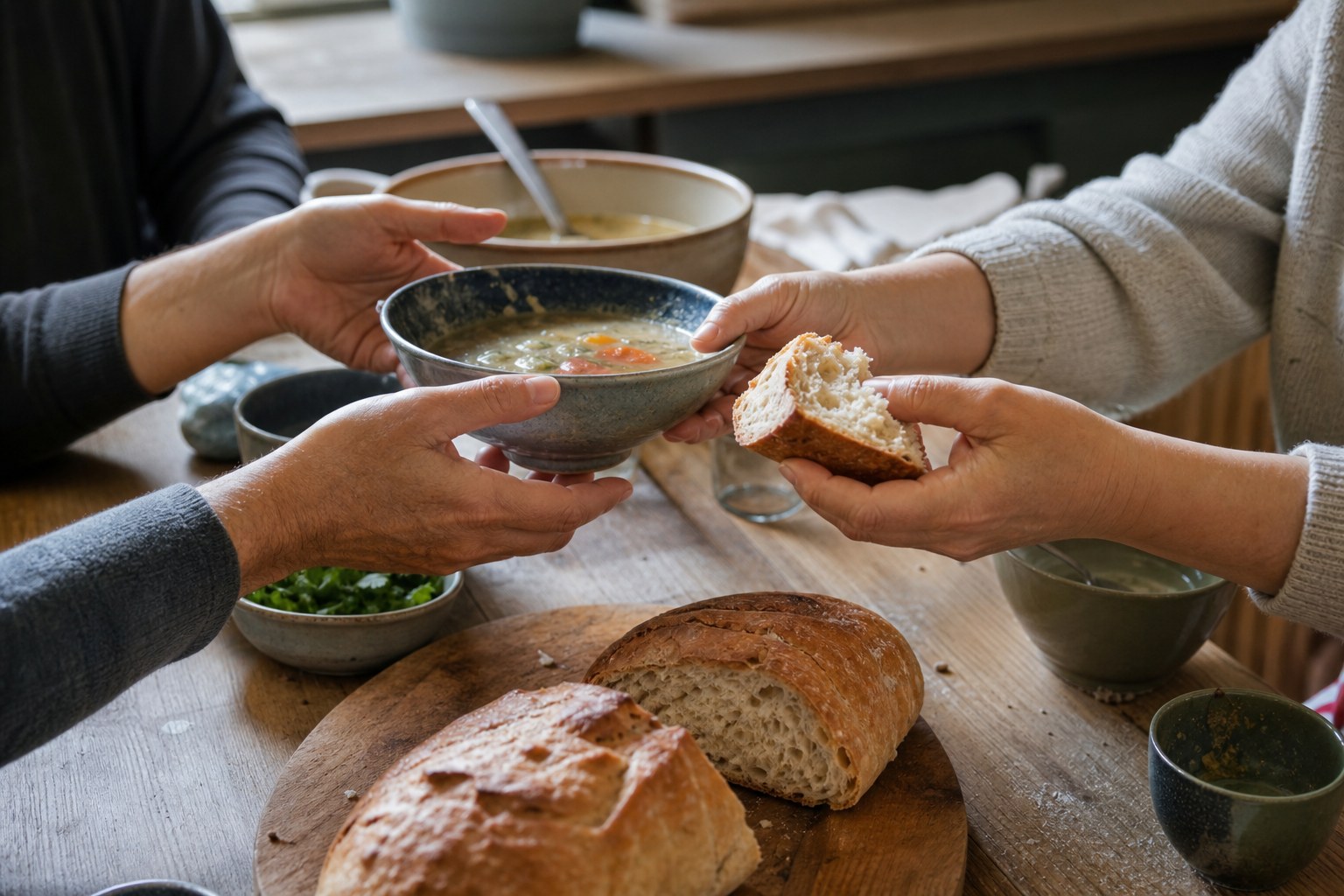 Hands passing a simple loaf and bowl across a bright shared table