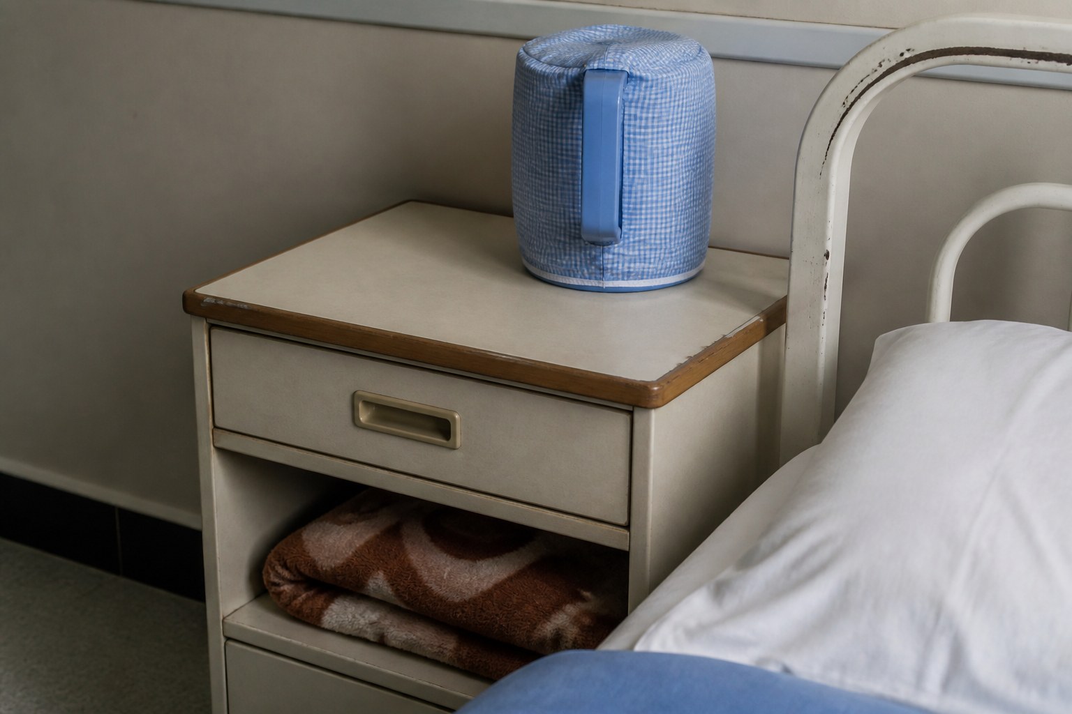 A hospital-style bedside cabinet with a covered water jug and a folded blanket