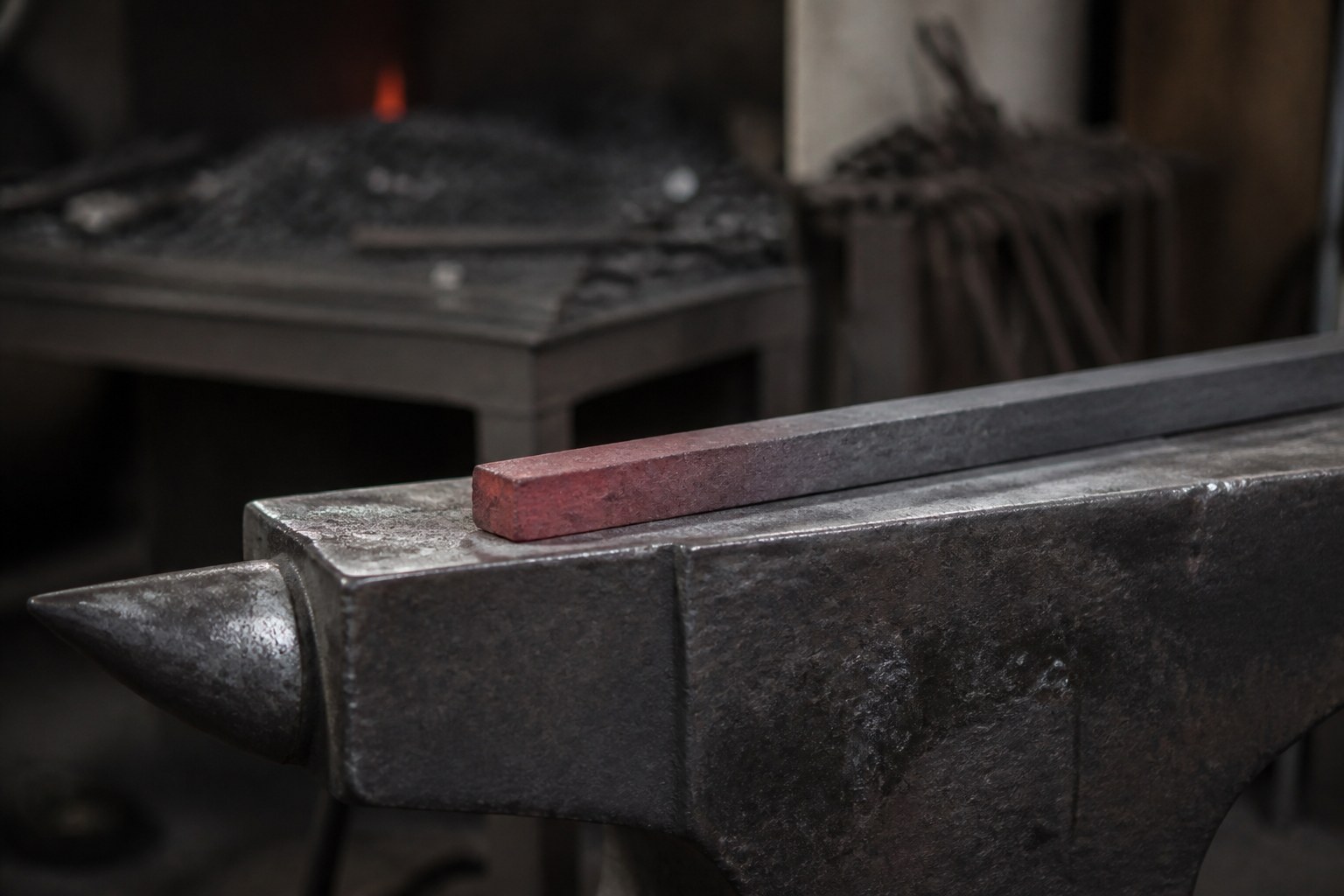 A blank unsharpened iron bar resting on a heavy anvil in a dim forge, the last red heat fading from one end