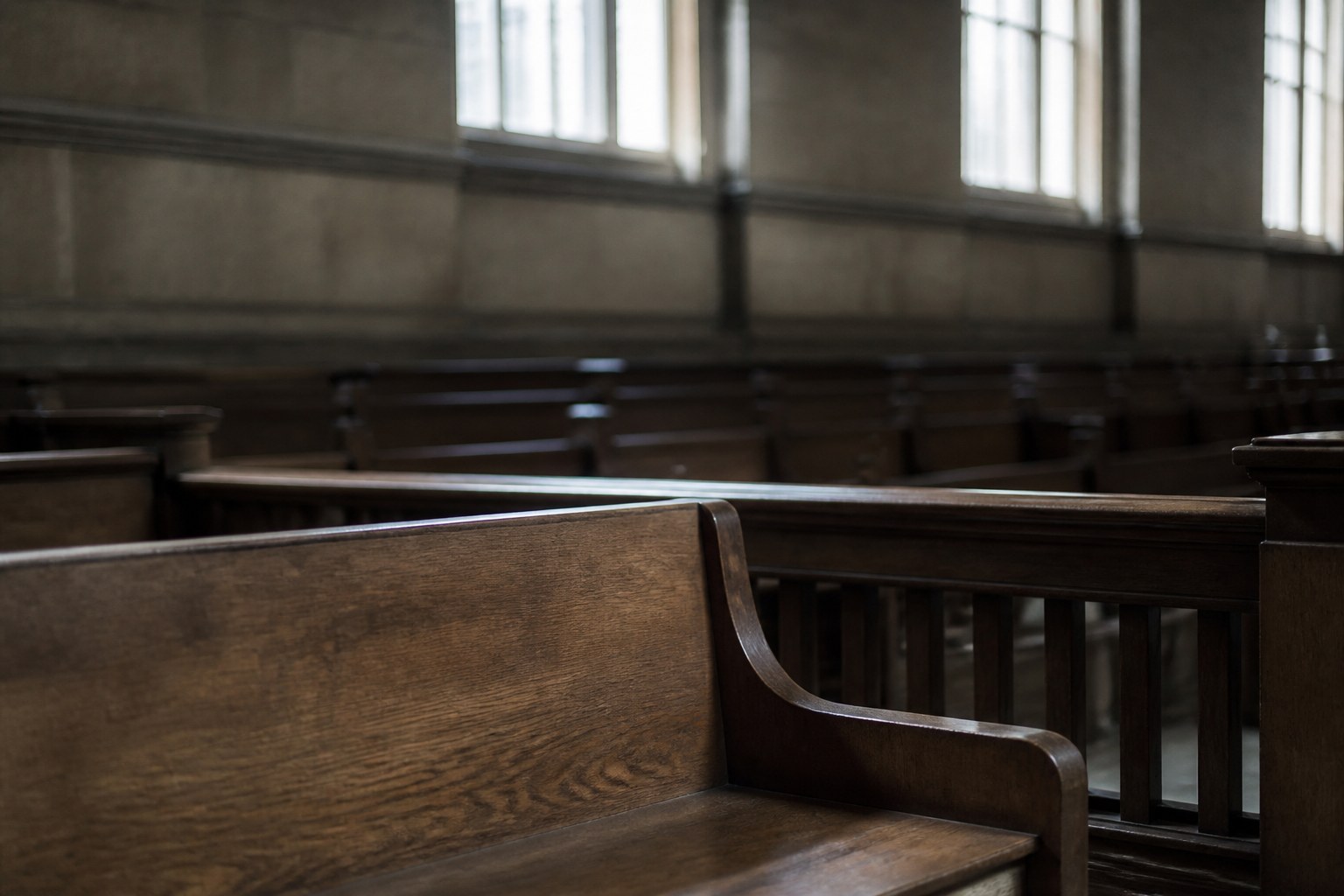 Rows of empty dark wooden benches and a rail in an old hall lit by high windows