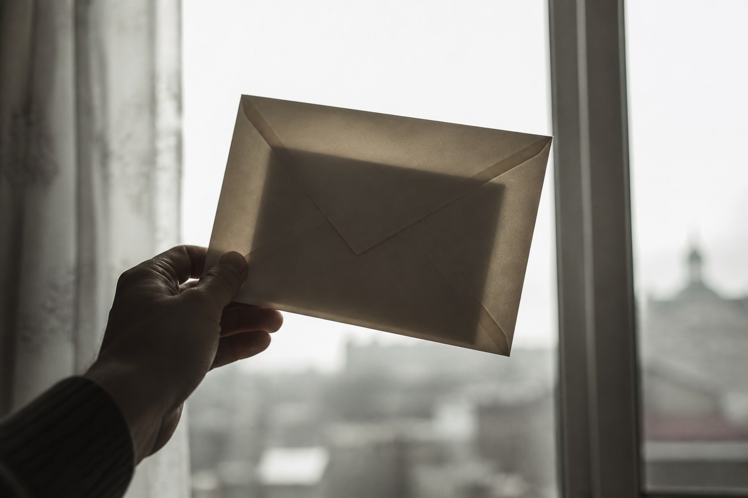 A hand holding a sealed envelope up against a bright window so the folded letter inside shows only as a shadow