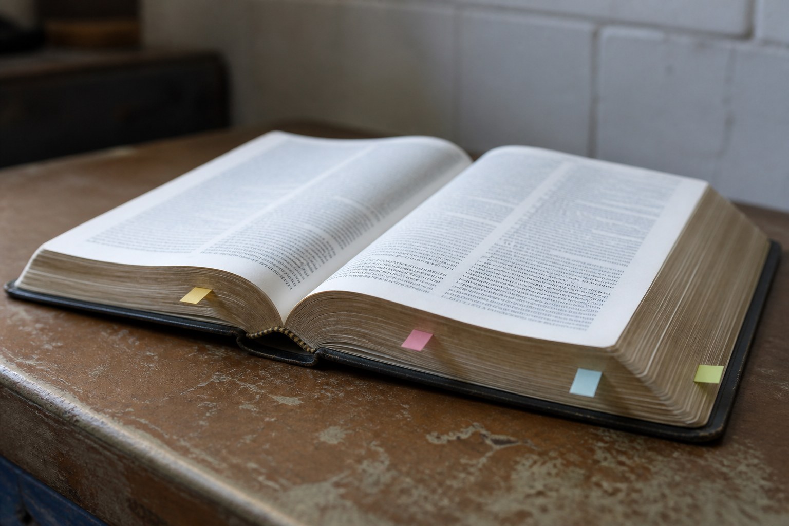 A thick book open with four narrow paper tabs marking four separate places