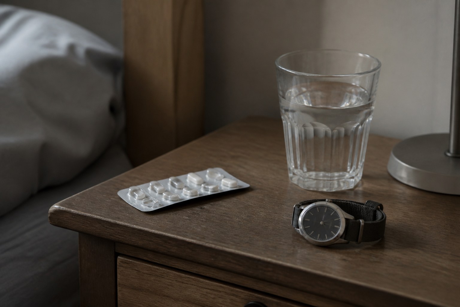 A blister strip of tablets, a glass of water and a wristwatch on a bedside table in plain morning light