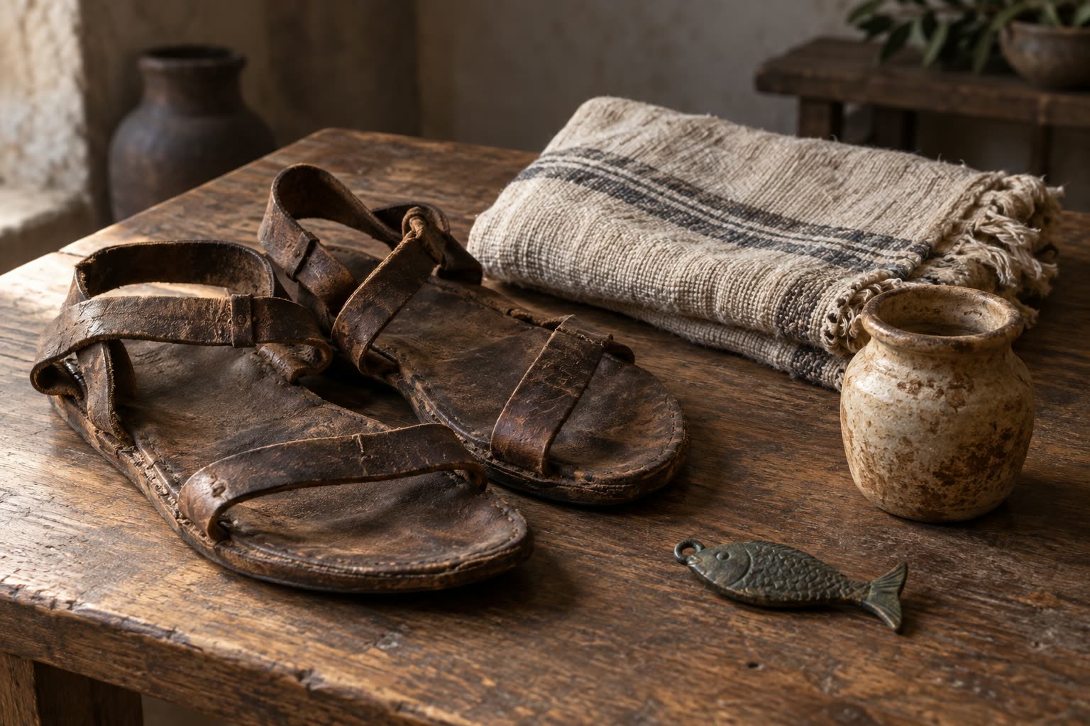 Worn leather sandals, folded cloth, a small fish-shaped metal token, and a ceramic jar on a wooden table
